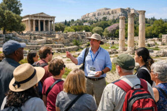 Eine Gruppe von Menschen hört aufmerksam einem Stadtführer vor antiken Ruinen in Athen zu