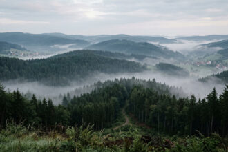 Πανοραμική θέα του δάσους Schwarzwald με τα χαρακτηριστικά βουνά της Βάδης-Βυρτεμβέργης