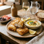 Ein traditionell angerichteter Teller mit gebratenem Kabeljau und Knoblauchpüree auf einem rustikalen Holztisch.