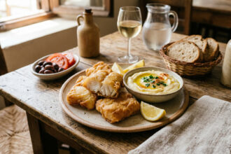 Ein traditionell angerichteter Teller mit gebratenem Kabeljau und Knoblauchpüree auf einem rustikalen Holztisch.