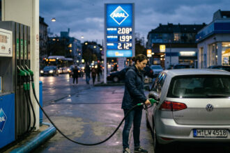 Ein Autofahrer betankt sein Fahrzeug an einer europäischen Tankstelle, während im Hintergrund eine unscharfe Preistafel extrem hohe Kraftstoffpreise anzeigt