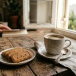 Καραμελωμένα μπισκότα σερβιρισμένα δίπλα σε ένα φλιτζάνι καφέ πάνω σε ξύλινο τραπέζι