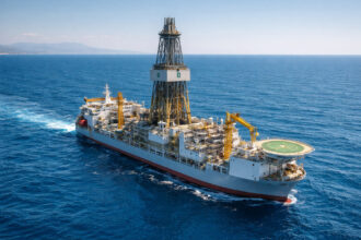 Ein modernes Bohrschiff führt Kohlenwasserstoff-Bohrungen im Ionischen Meer in Griechenland durch