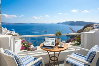 Griechisches Hotelzimmer mit Blick auf das Meer, symbolisch für den Tourismus in Griechenland