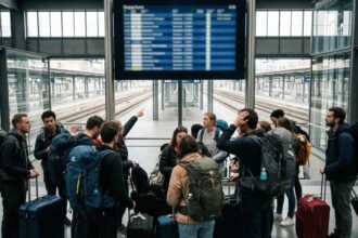 Επιβάτες της Deutsche Bahn περιμένουν με τις αποσκευές τους σε σταθμό της Γερμανίας κοιτώντας τον πίνακα με τις καθυστερήσεις