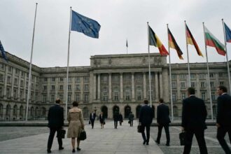 Κτίριο ευρωπαϊκών θεσμών με επίσημες σημαίες κατά τη διάρκεια κρίσιμων διπλωματικών διαβουλεύσεων