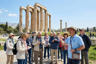 Ομάδα ανθρώπων παρακολουθεί ξενάγηση μπροστά από ιστορικό μνημείο στην Αθήνα