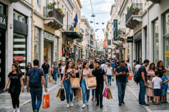 Belebte Einkaufsstraße in Athen während der Osterzeit mit Fußgängern