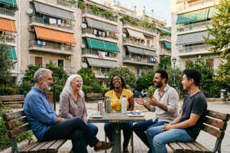 Eine Gruppe von Menschen sitzt zusammen in einem Athener Park und unterhält sich lebhaft ohne Smartphones