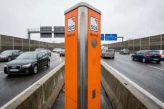 Πορτοκαλί στύλος έκτακτης ανάγκης εκτός λειτουργίας σε γερμανικό αυτοκινητόδρομο