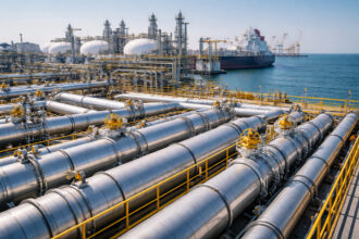 Große Erdgas-Pipelines und industrielle Energieinfrastruktur in Griechenland unter klarem Himmel.