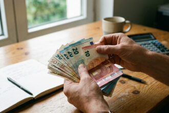 Eine Hand zählt Euro-Geldscheine auf einem Bürotisch