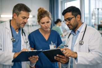 Medizinisches Personal wertet Gesundheitsdaten in einem europäischen Krankenhaus aus