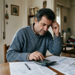 Eine Person in Griechenland prüft Haushaltsrechnungen am Tisch