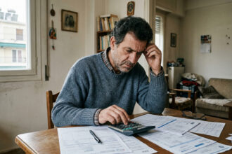 Eine Person in Griechenland prüft Haushaltsrechnungen am Tisch