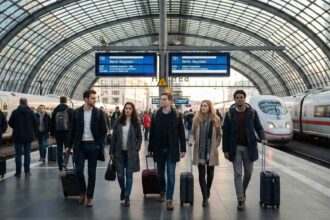 Ευρωπαίοι εργαζόμενοι με βαλίτσες περπατούν απογοητευμένοι σε γερμανικό σιδηροδρομικό σταθμό