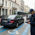 Ein falsch geparktes Auto auf einem Behindertenparkplatz in Griechenland, während ein Polizist einen Strafzettel schreibt