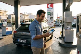 Πολίτης στην Ελλάδα χρησιμοποιεί το κινητό του για την αίτηση του Fuel Pass 2026
