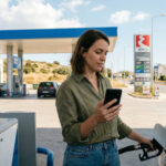 Eine Person bezahlt an einer Tankstelle in Griechenland kontaktlos mit dem Smartphone