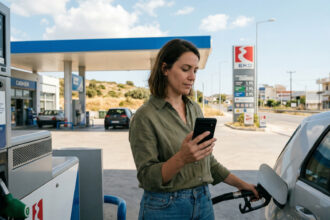 Eine Person bezahlt an einer Tankstelle in Griechenland kontaktlos mit dem Smartphone