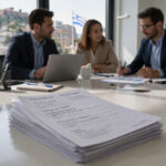 Eine verschwommene Geschäftsbesprechung in einem modernen Bürogebäude, im Vordergrund unscharfe Bewerbungsunterlagen auf einem Tisch.