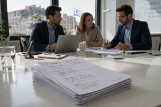 Eine verschwommene Geschäftsbesprechung in einem modernen Bürogebäude, im Vordergrund unscharfe Bewerbungsunterlagen auf einem Tisch.