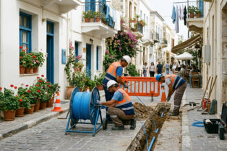 Straßenbauarbeiten zur Verlegung von Glasfaserkabeln in einer griechischen Stadt
