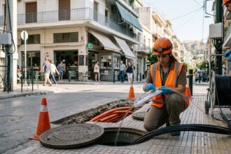 Techniker bei der Verlegung von Glasfaserkabeln in einer griechischen Stadt