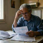 Ein älterer Mann begutachtet nachdenklich Rechnungen in einer einfachen griechischen Wohnung