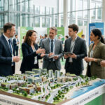 Geschäftsleute und Investoren diskutieren vor einem Architekturmodell auf einer Immobilienmesse