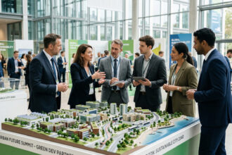 Geschäftsleute und Investoren diskutieren vor einem Architekturmodell auf einer Immobilienmesse