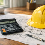 Baupläne, ein Schutzhelm und ein Taschenrechner liegen auf einem Schreibtisch in Griechenland.