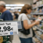 Ein griechischer Supermarkt mit Preisschildern an den Regalen, unscharfe Kunden im Hintergrund.