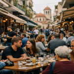 Eine belebte Straße in Griechenland mit vollen Cafés und Geschäften