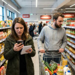 Ein besorgter Verbraucher prüft die Preise von Lebensmitteln in einem Supermarkt.