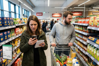Ein besorgter Verbraucher prüft die Preise von Lebensmitteln in einem Supermarkt.