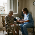 Eine ältere Patientin wird von einer medizinischen Fachkraft in ihrem Zuhause in Griechenland versorgt