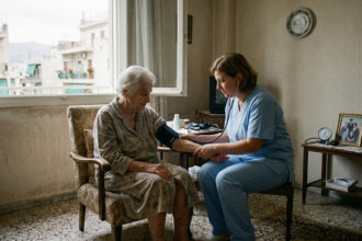 Eine ältere Patientin wird von einer medizinischen Fachkraft in ihrem Zuhause in Griechenland versorgt