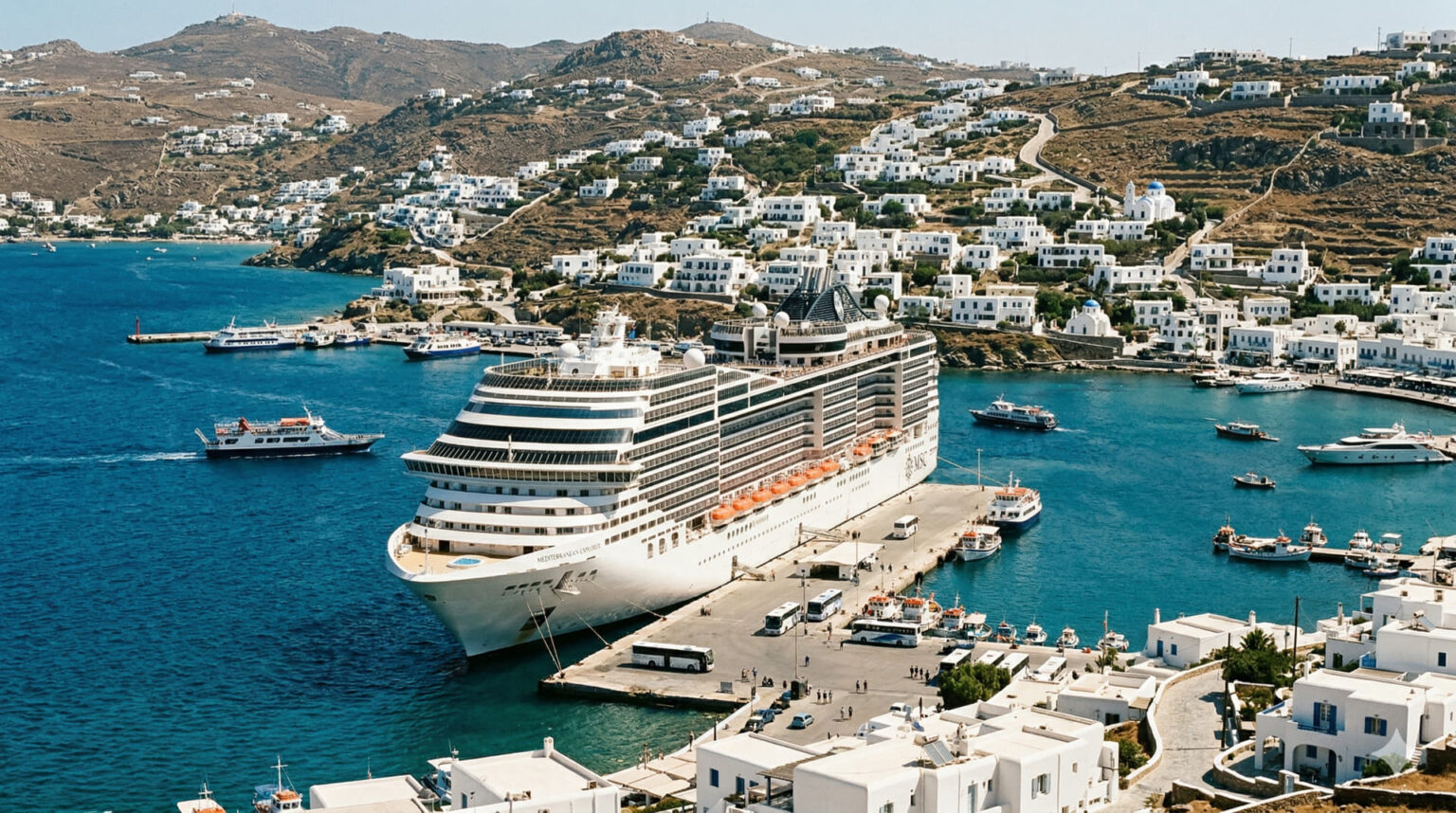 Großes Kreuzfahrtschiff liegt in einem griechischen Hafen vor Anker