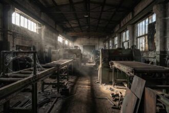 Σκοτεινό βιομηχανικό εργοστάσιο στη Γερμανία που συμβολίζει την κρίση και την απώλεια θέσεων εργασίας