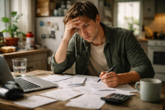 Eine junge Frau rechnet in einer kleinen Athener Wohnung ihre monatlichen Ausgaben zusammen