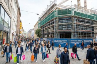 Εμπορικός δρόμος με κόσμο να ψωνίζει μπροστά από μεγάλα καταστήματα ρούχων στο Ντίσελντορφ