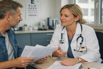 Ασθενής σε νοσοκομείο της Γερμανίας κρατάει τον ιατρικό του φάκελο ενώ συνομιλεί με τον γιατρό