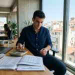 Ein griechischer Arbeitnehmer unterzeichnet Dokumente zur Gehaltserhöhung auf dem Schreibtisch