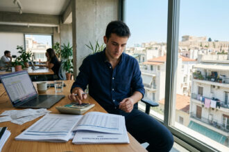 Ein griechischer Arbeitnehmer unterzeichnet Dokumente zur Gehaltserhöhung auf dem Schreibtisch