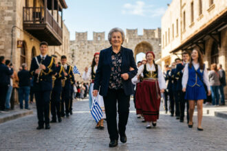 Eine ältere Frau marschiert stolz in traditioneller oder schulischer Kleidung bei einer sonnigen Parade auf Rhodos