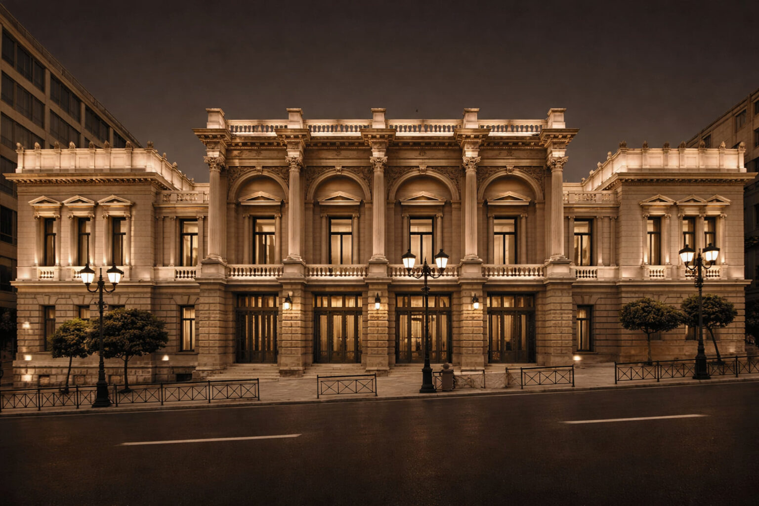 Das Nationaltheater in Athen, ein neoklassisches Gebäude von Ernst Ziller, beleuchtet bei Nacht