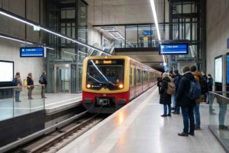 Μια σύγχρονη αμαξοστοιχία S-Bahn σταθμευμένη σε φωτεινή υπόγεια αποβάθρα στο Βερολίνο