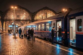 Ένα υπερσύγχρονο επιβατικό τρένο σταθμευμένο σε ευρωπαϊκό σιδηροδρομικό σταθμό τη νύχτα