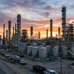 Eine industrielle Ölraffinerie bei Sonnenuntergang mit großen Lagertanks und komplexen Rohrsystemen.